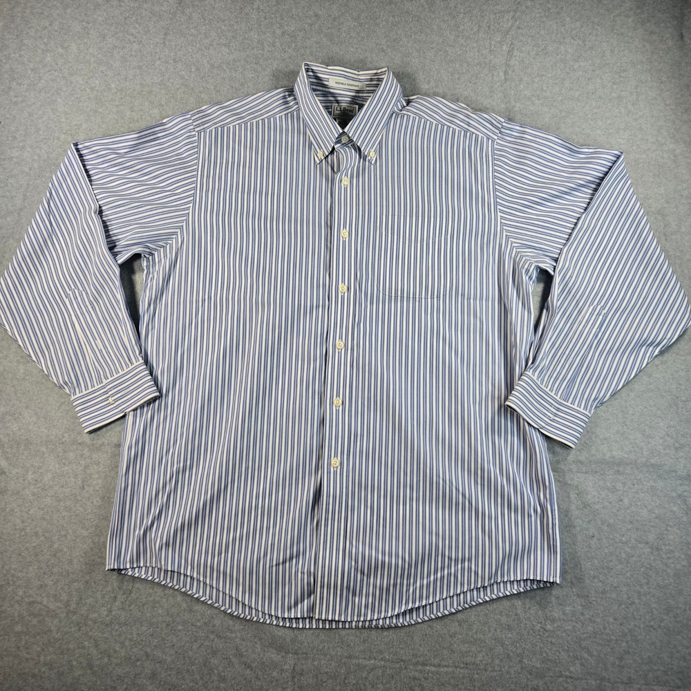 LL Bean Mens Large Regular Wrinkle Resistant Striped Button Down Shirt Blue